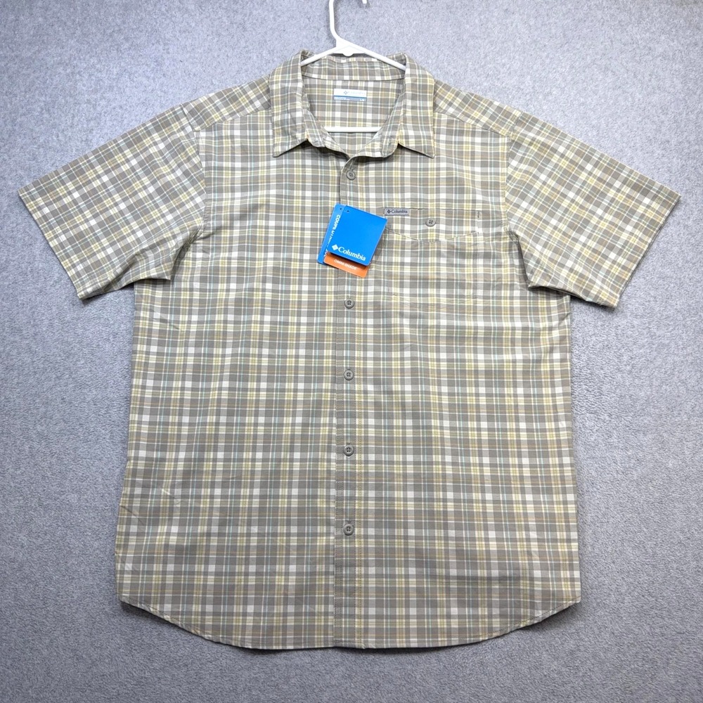 Columbia Fir Ridge Shirt Mens Large Beige Plaid Short Sleeve Button Stretch